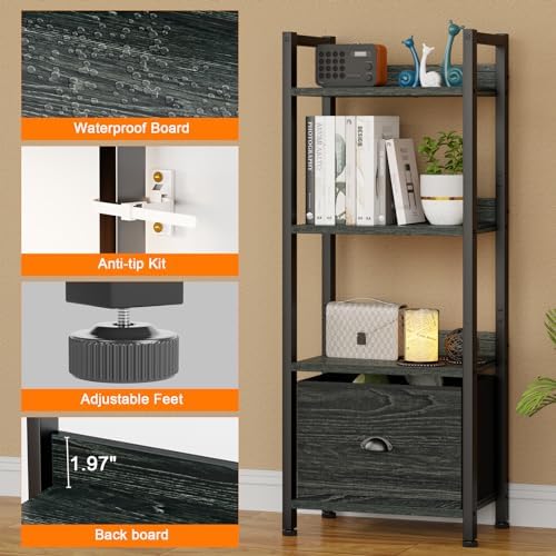 Furologee 4 Tier Bookshelf with Drawer, Small Narrow Bookcase, Wood and Metal Standing Shelf Unit, Industrial Display Storage Shelves Organizer for Bedroom, Living Room, Entryway, Black - Image 5