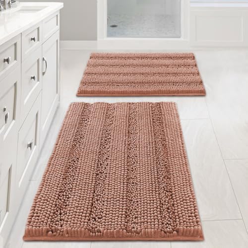 H.VERSAILTEX Bathroom Rug Set, 2 Piece Non Slip Thick Soft Chenille Striped Bath Mats, Muted Clay, 20" x 32"/17" x 24" by HVERSAILTEX