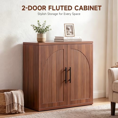 Jocoevol 31.5" Fluted Walnut Buffet Cabinet Sideboard with Storage, Small Sideboard Cabinet with 2 Doors, Wood Mid Century Modern Sideboard for Kitchen and Living Room (31.5" W*31.5" H*15.8" D) - Image 5