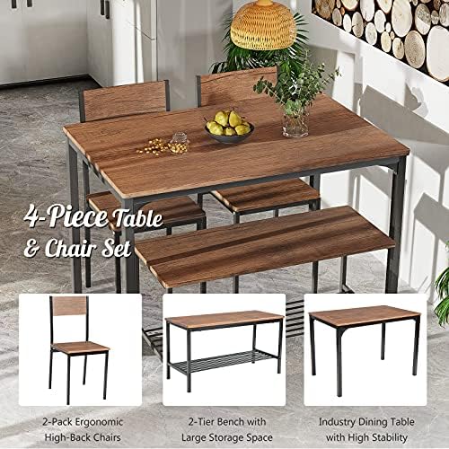 GIANTEX Dining Table Set for 4, 43" Kitchen Table and Chairs, Dining Bench with Metal Frame & Storage Rack, 4-Piece Modern Functional Desk Set for Dinette, Small Space, Apartment, Restaurant, Walnut - Image 6
