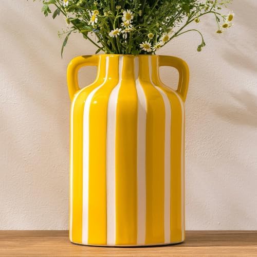 SURE YUESI Yellow Ceramic Vase with Handles, Modern Farmhouse Striped Decorative Vase, 9.1" Art Deco Tall Flower Vases for Pampas Grass, Shelf Decor, Dining Table Centerpiece, Living Room Home Decor by SUREYUESI
