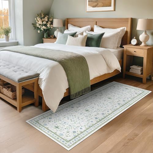 Hazo Haus Washable Oushak Bathroom Runner Rug 2x5 - Eclectic Boho Floral Pastel, Non Slip Low Pile Stain Resistant Small Throw Rug for Bedroom, Laundry Room, Powder Room, Cream Green - Image 6