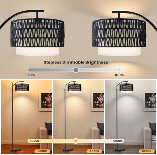 Yusist Arc Floor Lamp for Living Room,Farmhouse Floor Lamps with Remote Control & Dimmable Bulb,Black Rattan Boho Tall Standing Lamp for Bedroom Office - Image 2