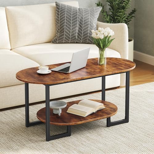 HOOBRO Coffee Table for Living Room, Oval Small Coffee Table with 2-Tier Open Storage Shelf, Industrial Cocktail Tea Table, Wooden Desktop Center Table, Farmhouse, Home Office, Rustic Brown BF09KF01 by HOOBRO