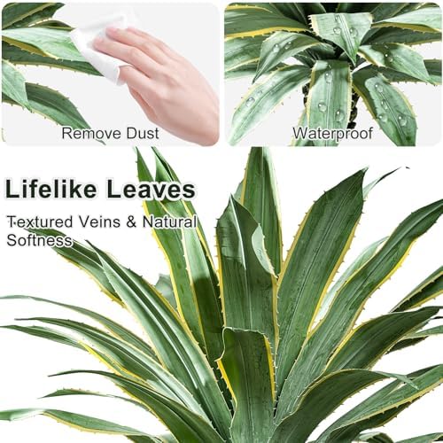 Artificial Agave Plant Potted Plants for Indoor Outdoor Fake Agave Tree in Pot Realistic Faux Tree with 42 Leaves for Home Living Room Office Garden Front Porch Patio Decor (61inch-1 Pc Potted Yellow) - Image 3
