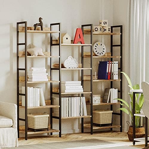 IRONCK Triple Wide 5-Tier Bookshelf with Metal Frame, Industrial Brown - Image 4