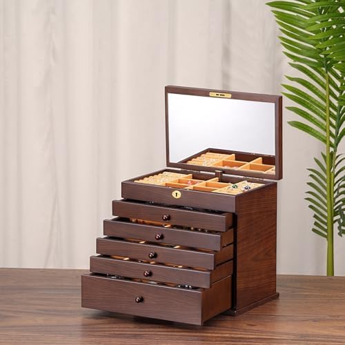 Wooden Jewelry Box7-Layer Lock, Large Vintage Organizer Gift Walnut - Image 3