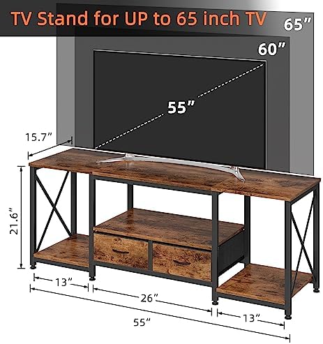 GYIIYUO TV Stand with Fabric Drawer - Entertainment Center and Industrial TV Console Table with Open Storage Shelves for Living Room, Bedroom - 55.1" Rustic Brown - Image 2