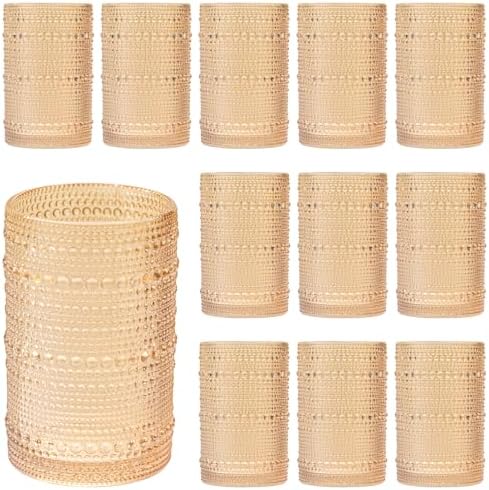 XKXKKE Amber Hobnail Beaded Drinking Glasses Set of 12, 15 oz Vintage Glassware Set Romantic Water Glasses Tumbler, Water Cups, Clear Embossed Glassware Set for Beer, Juice, Cocktail, Soda, Beverages by XKXKKE