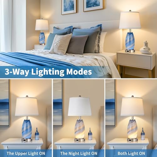 Lovlast Blue Lamps Set of 2 for Living Room Bedroom, 23.5" Glass Lamps - Image 2