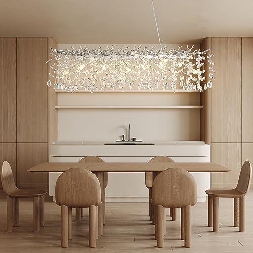 YUYI 47" Silver Crystal Chandelier, 14-Light Rectangular Tree Branch Chandeliers, Luxury Chandelier for Dining Room, Kitchen Island, Living Room, Foyer, Modern K9 Crystal Raindrop Light Fixture by YUYILIGHTING