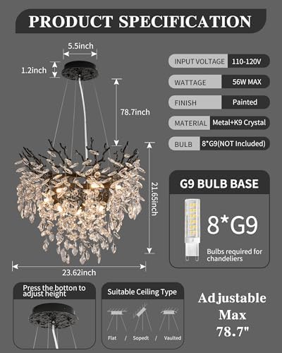 Modern Crystal Chandelier for Dining Room, 23.62" Black Tree Branch Chandeliers, 8-Light Luxury K9 Crystal Round Chandeliers for Kitchen Island Living Room - Image 6