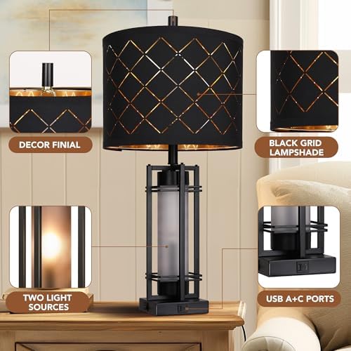 WIHTU 27'' Modern Table Lamp Set of 2 with Nightlight, Metal Bedside Lamps - Image 4