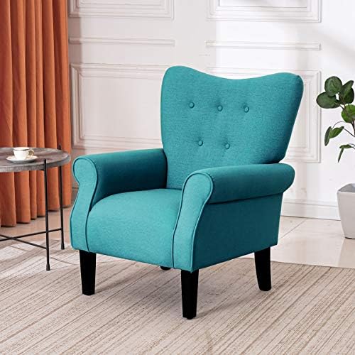 YOLENY Modern Accent Chair,High Back Armchair,Upholstered Fabric Button Single Sofa with Wooden Legs for Living Room,Bedroom,Club,Teal - Image 2