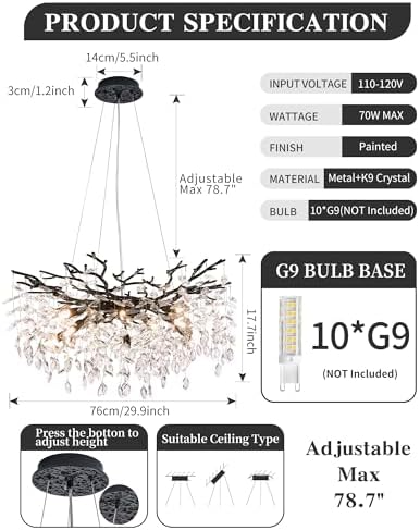 Modern Tree Branch Crystal Chandelier Luxury Black Crystal Pendant Lighting 30" Contemporary 10-Light Chandeliers for Dining Room Kitchen Bedroom Living Room - Image 2