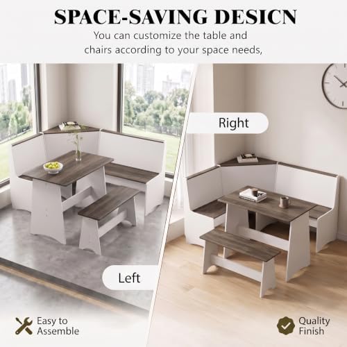 Farmhouse Breakfast Nook Table Set with L-Shaped Corner Bench & Hidden Storage – Space-Saving Dining Set for Small Kitchens, Reversible Bench Seating 3-4, Easy-Clean Waterproof Laminate (White + Gray) - Image 4