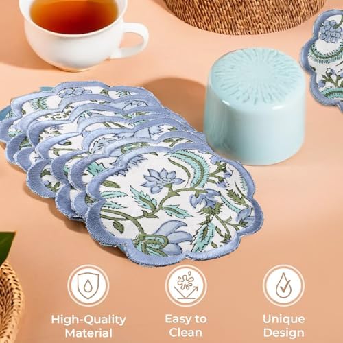 Ridhi 8-Pcs 100% Cotton Hand Block Print Drink Coasters 5" in Columbia Blue - Image 3