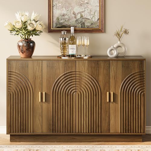 Fluted Sideboard Buffet Cabinet with Storage - 57" Credenza Coffee Bar Cabinet with 4 Doors, Accent Kitchen Storage Cabinets with Adjustable Shelves for Living Room & Kitchen, Entryway, Walnut by Curlaky