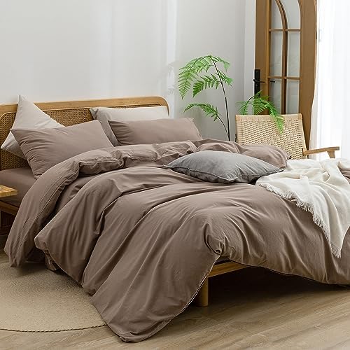 BESTOUCH Cotton Solid Duvet Cover Set Linen Feel Pine Bark Brown Full - Image 4