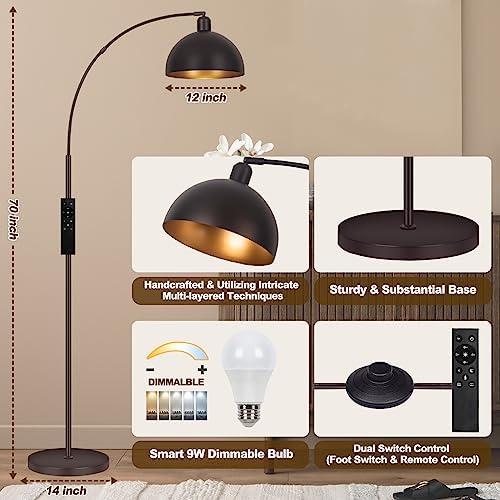 Bronze Arch Floor Lamps for Living Room Dimmable - Upgraded 9W LED Arc Lamp with 4 Color Temperatures, Remote Control Rustic Arched Floor Lamp, Reading Standing Lamp for Bedroom (Bulb Included) Brown - Image 5
