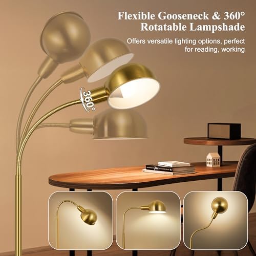 Floor Lamp for Living Room, 63" Standing Lamp with Adjustable Gooseneck, 3 Color Temperatures, Industrial Gold Floor Lamp Reading for Bedroom, Office, 9W LED Bulb - Image 5