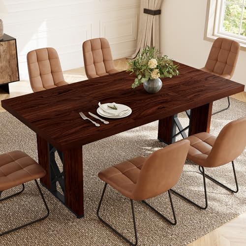 HIPIHOM 7-Piece Dining Table Set for 6, Walnut Table with 6 PU Brown Chairs - Image 6
