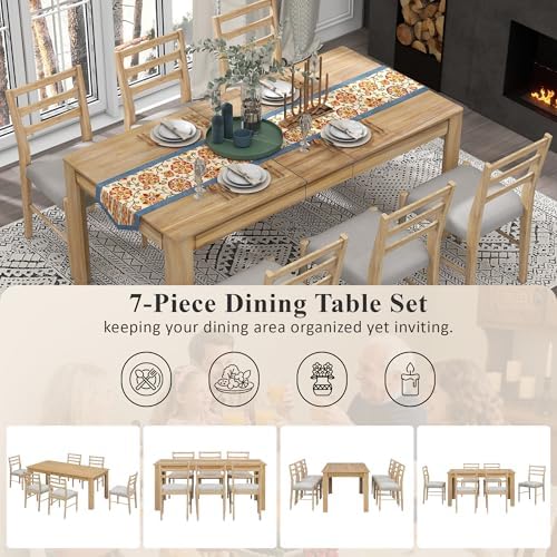 Farmhouse 7-Piece Kitchen Dining Table Set, Solid Wood Rectangle Extendable Table with 12” Leaf and 2 Drawers, 6 Dining Chairs with Soft Cushion, Dining Table Set for 6 Persons (Natural Wash+) - Image 5