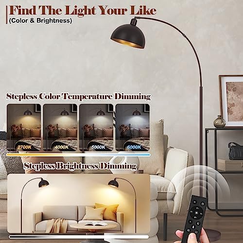 Bronze Arch Floor Lamps for Living Room Dimmable - Upgraded 9W LED Arc Lamp with 4 Color Temperatures, Remote Control Rustic Arched Floor Lamp, Reading Standing Lamp for Bedroom (Bulb Included) Brown - Image 3