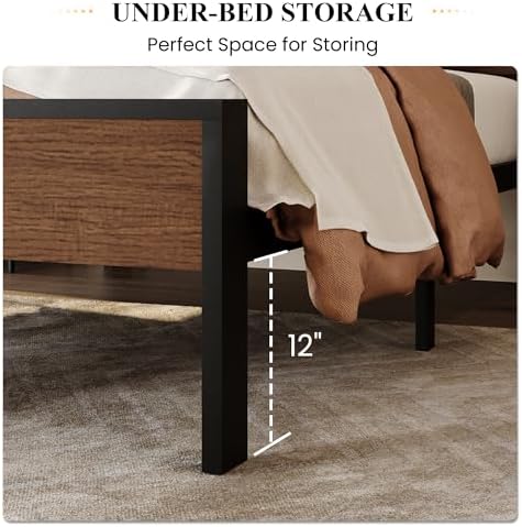 SHA CERLIN 14 Inch Twin Size Metal Platform Bed Frame with Wooden Headboard and Footboard, Mattress Foundation, No Box Spring Needed, Large Under Bed Storage, Heavy Duty Slats Support, Walnut - Image 4