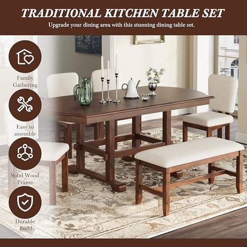VilroCaz 6 Pieces Retro Functional Dining Set, Solid Wood Extendable Dining Table with 4 Upholstered Chairs and Bench, Traditional Dining Room Kitchen Table Set for 6 - Image 6
