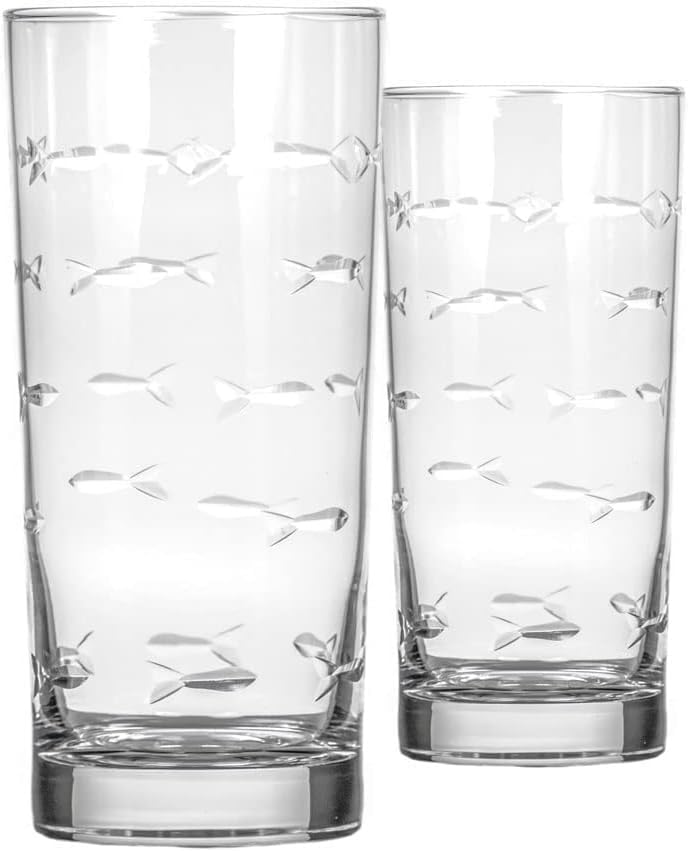 Rolf Glass School of Fish Highball Glass | Set of 2 15oz Cooler Glasses | Lead-Free Engraved Glass with Heavy Base | Proudly Made in the USA by RolfGlass