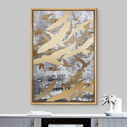 NWT Framed Canvas Print Wall Art Flying Golden Bird Collage Nature Wilderness Illustrations Modern Art Decorative Landscape Rustic Zen Colorful for Living Room, Bedroom, Office - 16"x24" Natural - Image 2