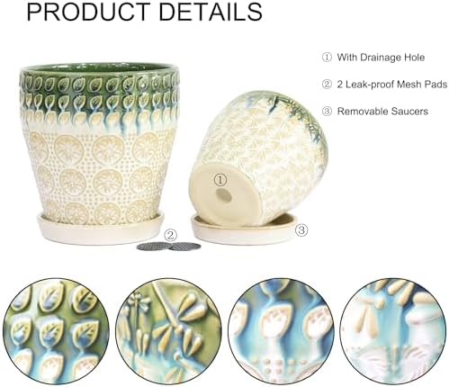 Ceramic Planter Pots for Indoor Plants, 8Inch + 6 Inch Plant Pot with Drainage Holes, Saucers and Mesh Pads, Succulent Orchid Flower Pot -Set of 2 - Image 6