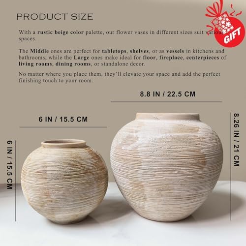 Rustic Ceramic Vintage Farmhouse Vase for Decor (Small Ribbed Beige) - Image 3