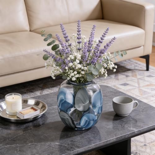 Hand Blown Blue Glass Vase, 8.5 in Round Wide Mouth Blue Gray Vase, Decorative Glass Vase for Flowers, Coastal Home Decor Centerpiece for Table, Shelf, Entryway, in The Bathroom, or Living Room - Image 5