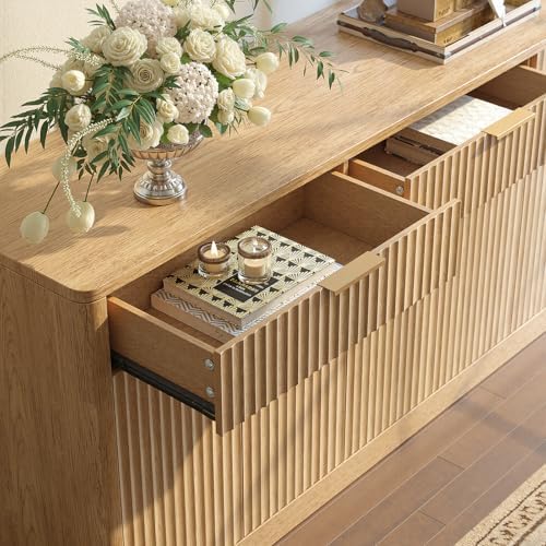 Evermagin 67" Fluted Oak Sideboard Buffet Cabinet with 3 Drawers - Image 5