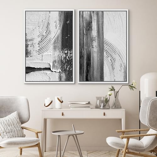 SIGNWIN Framed Canvas Print Wall Art Set Black White Industrial Paint Strokes Abstract Shapes Illustrations Modern Art Minimal Decorative Nordic for Living Room, Bedroom, Office - 24"" x36 x2 White - Image 4