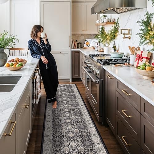 3x12 Washable Hallway Runner Rug: Oriental Long Ultra Soft Runners for Kitchen Entryway Thin Non Slip Bathroom Nursery Floor Mat Water Resistant Low Pile Carpet for Living Room Bedroom (Black,3x12) - Image 2
