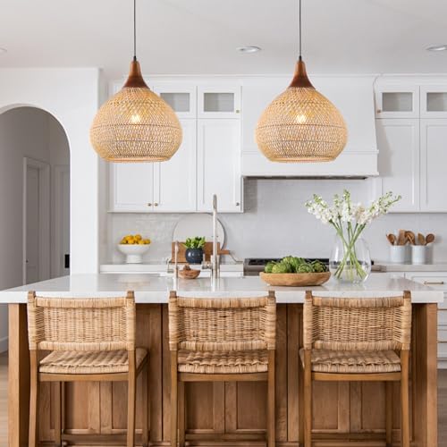 Rattan Pendant Light, 15.7" Rattan Chandelier Hand-Woven Boho Pendant Light Fixtures with Solid Wood, Basket Wicker Chandelier for Dining Room Kitchen Island Living Room - Image 6
