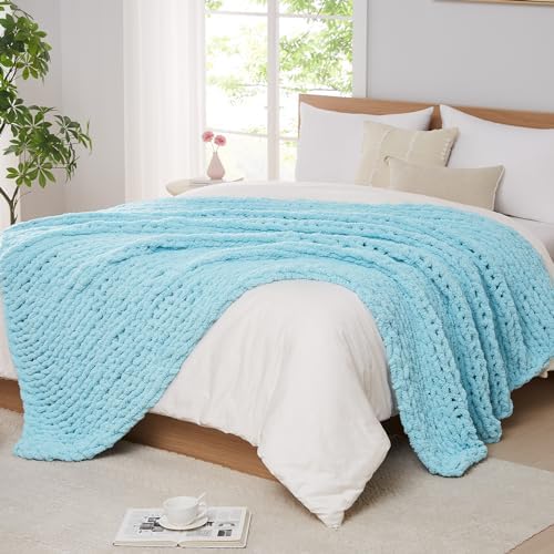L'AGRATY Chenille Chunky Knit Blanket, Light Blue, 60x80, Heavyweight Throw Blanket for Home Decor by LAGRATY