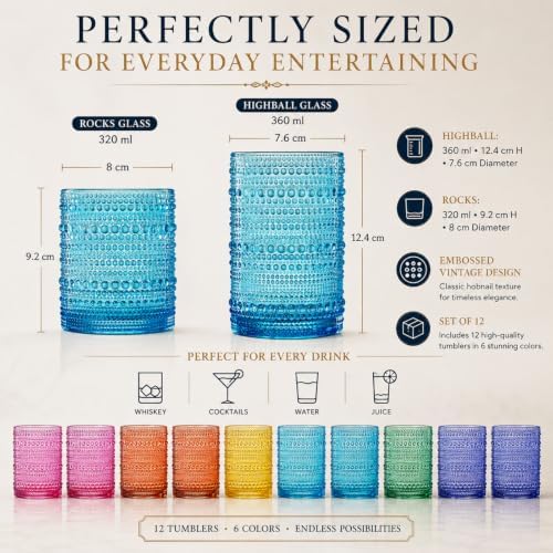 Khen Hobnail Beaded Highball Drinking Tumbler Glasses | Set of 12 | Color, Vintage Bubble Design Whiskey Glassware, Old-Fashioned, Embossed Design for Water, Wine, Cocktail Embossed, Rocks Glass - Image 6