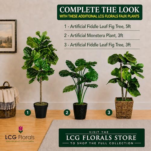 LCG Florals 5ft Artificial Fiddle Leaf Fig Tree - Real Wood Trunk, Preassembled, No Maintenance Indoor Faux Plant in Black Pot - Living Room, Home & Office Decor - Image 4