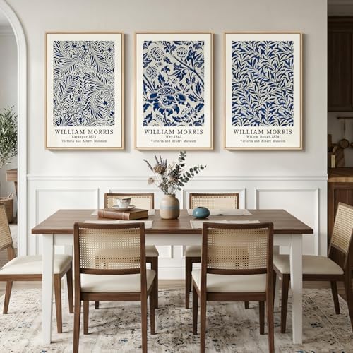 Large Framed William Morris Blue Canvas Wall Art for Living Room, 3 Piece - Image 3