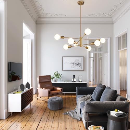 RUIYEY Modern Sputnik Chandeliers Light, 8-Light Gold Dining Room Chandelier Over Table, E26 Mid Century Ceiling Light Fixtures Height Adjustable Hanging Pendant Lighting for Entryway Foyer - Image 5