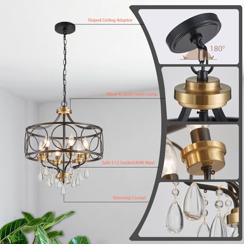 Crystal Chandeliers for Dining Room,17.7" Black and Gold 6 Lights Hanging Pendant Lighting Fixture Metal Farmhouse Chandelier for Kitchen Island Entryway Living Room - Image 5