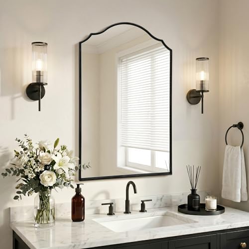 Besdomus Bathroom Mirrors for Over Sink: 24"x36" Black Wooden Arched Mirror by Besdomus