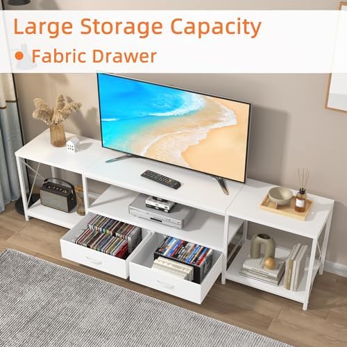 GYIIYUO TV Stand with Fabric Drawer for 65 70 75 Inches TV - Entertainment Center and Industrial TV Console Table with Open Storage Shelves for Living Room, Bedroom - 63" White - Image 5