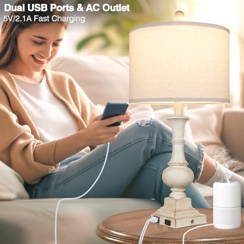 26" Farmhouse Table Lamps, Table Lamps For Living Room Set of 2 with USB A+C Ports & AC Outlet, Vintage Rustic Touch Control 3-Way Dimmable Boho Nightstand Lamp White Washed Resin for Bedroom Deocr - Image 4