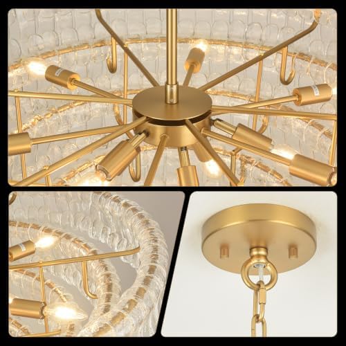 36-Inch 4-Tier Clear Glass Chandelier, 12-Light Round Brass Chandelier - Image 5