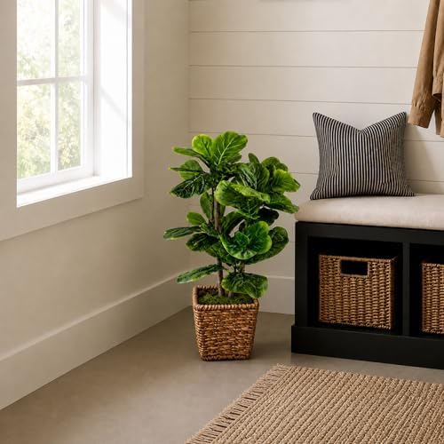 Fake Plant 3ft Faux Fiddle Leaf Fig Tree in Premium Woven Basket by LCG Florals, Fully Assembled, Real Wood Trunk, Artificial Indoor Plant for Living Room Décor, Fake Tree for Home Office Bedroom - Image 3